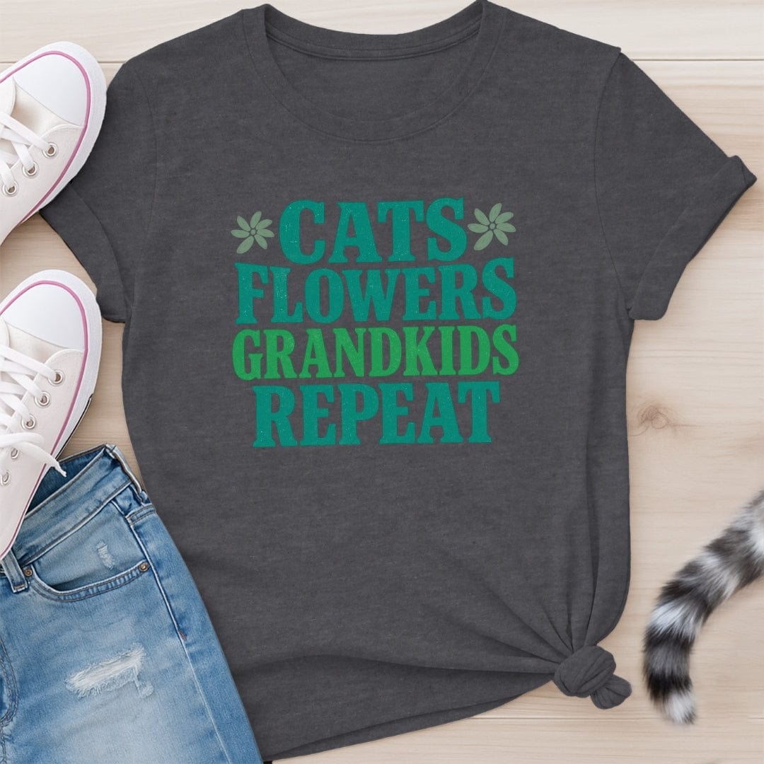 CATS FLOWERS GRANDKIDS REPEAT T-SHIRT