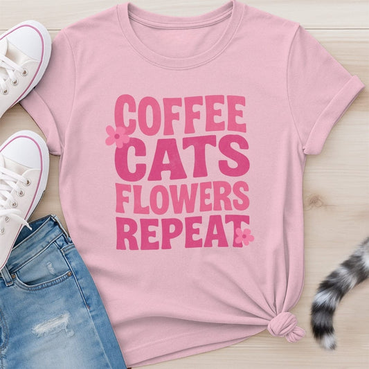 COFFEE CATS FLOWERS T-SHIRT
