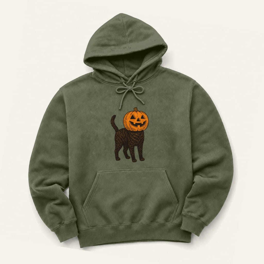 Pumpkin Head Cat Hoodie in Military Green