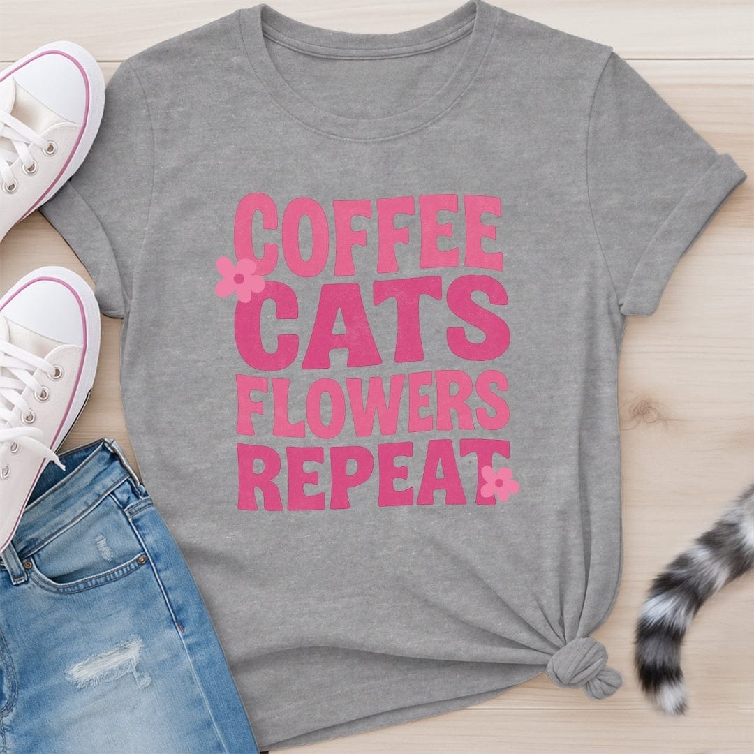 COFFEE CATS FLOWERS T-SHIRT