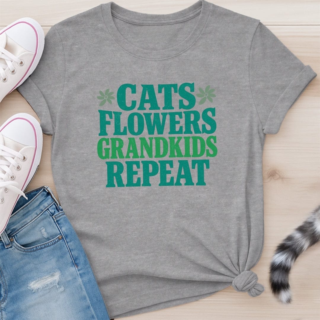 CATS FLOWERS GRANDKIDS REPEAT T-SHIRT
