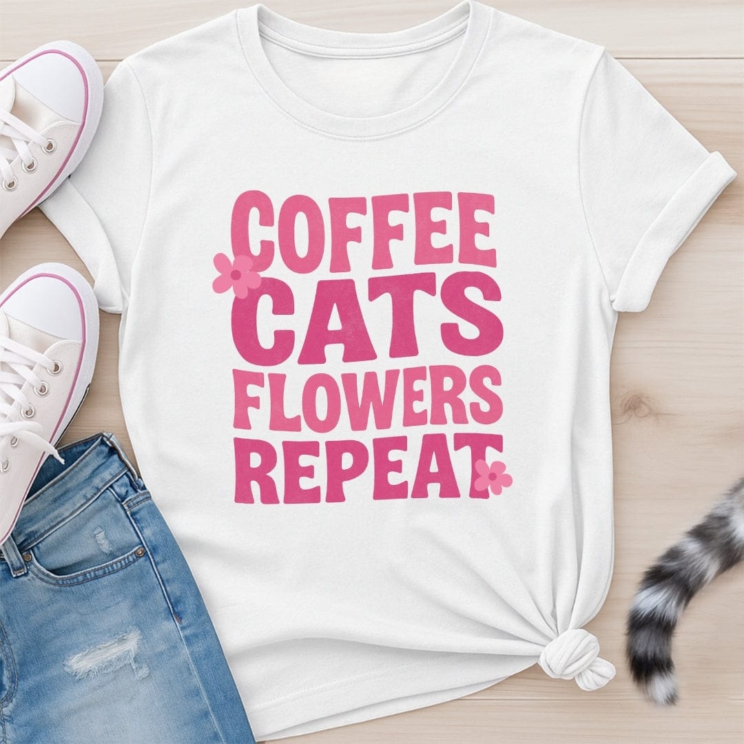 COFFEE CATS FLOWERS T-SHIRT